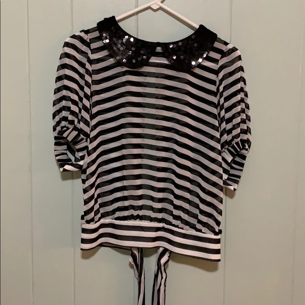 Bisou Bisou sheer black and white strip blouse